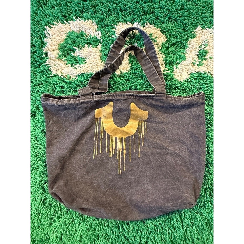 True Religion Tote Bag Unisex OS Black Good Gold Drip Horseshoe Denim Canvas - Picture 5 of 8